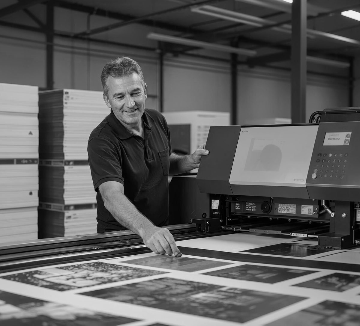 Opérateur contrôlant une impression grand format en atelier