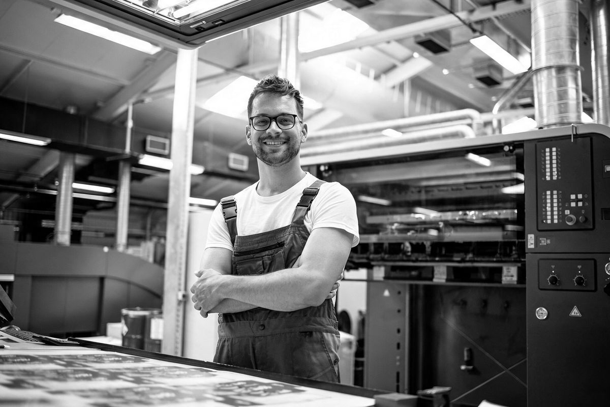 Imprimeur dans son atelier, devant sa machine
